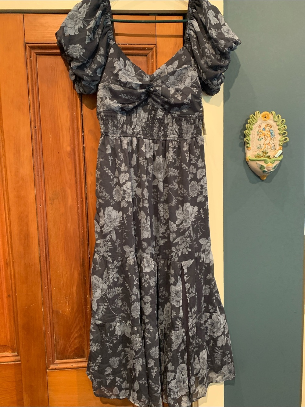 Trixxi navy blue Midi Dress with Puff Sleeves and open back